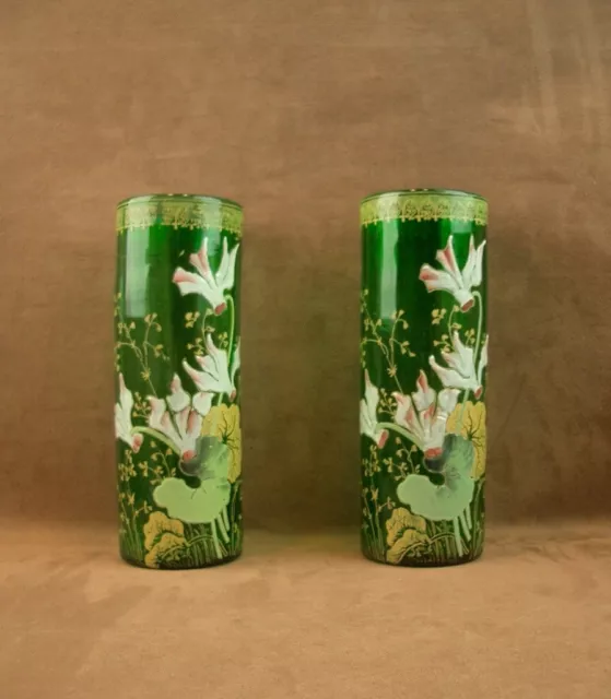 Paire De Vases  En Verre Emaille Art Nouveau Decor Floral Legras