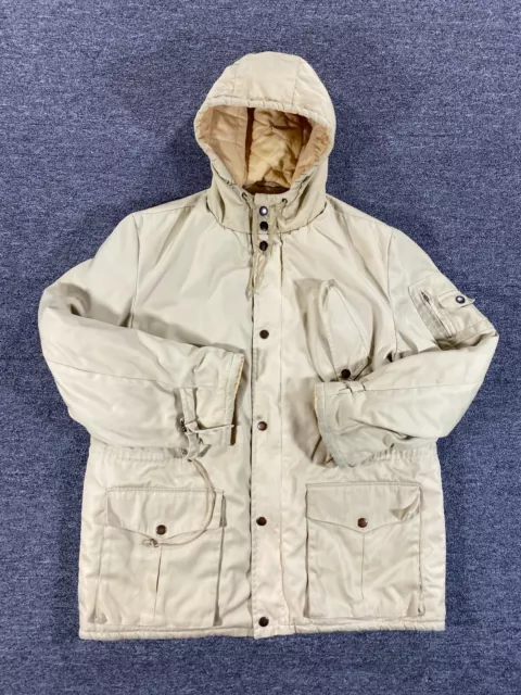 VINTAGE Challenger Jacket Mens Extra Large Beige Hooded Full Zip Winter Coat 90s