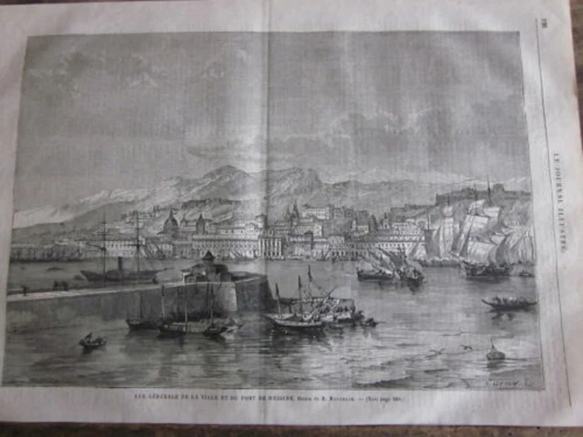 GRAVURE SUR BOIS 19ème VUE DE LA VILLE ET DU PORT DE MESSINE SICILE ITALIE