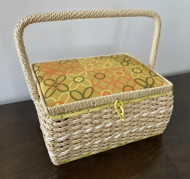 Vtg Wicker Sewing Basket Satin Lid & Pin Cushion Interior Glossy Finish Japan
