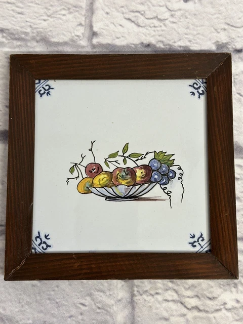 Antique Framed Dutch Delft Tile Polychrome fruit scene .  18th century
