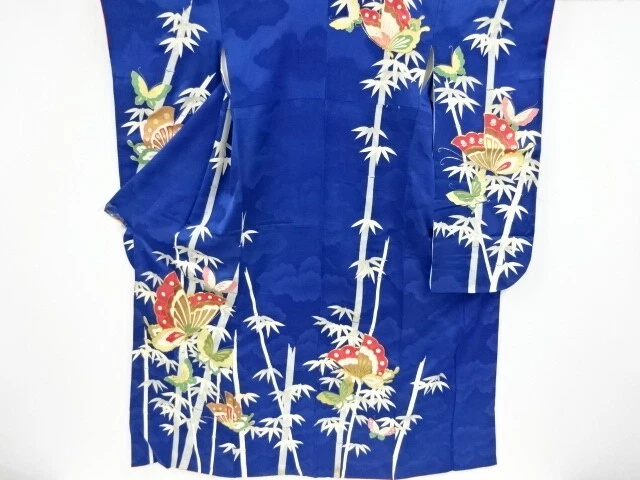45935# Japanese Kimono / Antique Furisode / Embroidery / Butterfly & Bamboo