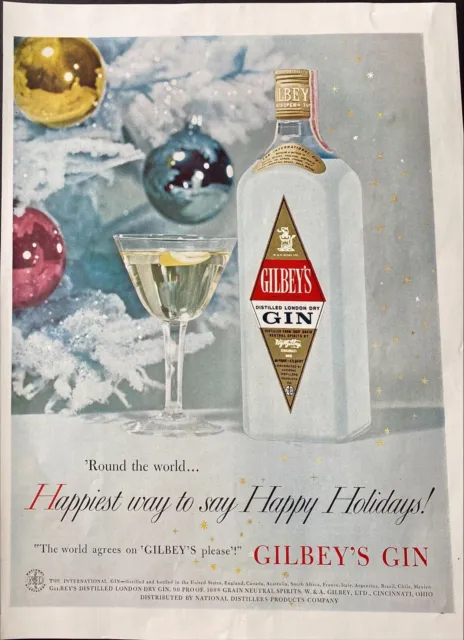 1958 Gilbey’s Gin Vintage Color Print Ad Christmas Holiday Ornaments Full Page