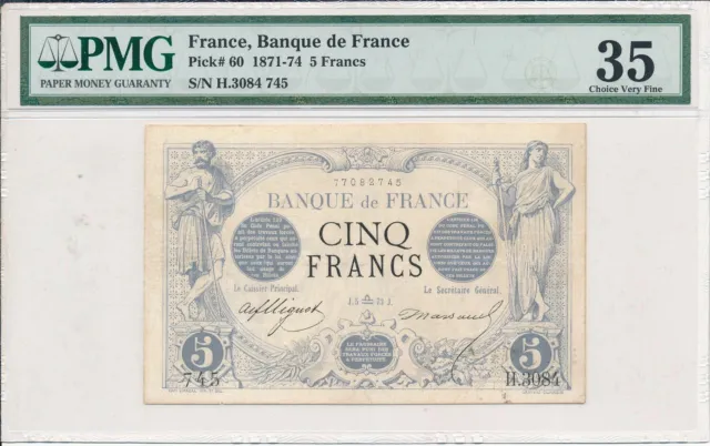 Banque de France France  5 Francs 1871-74  PMG  35