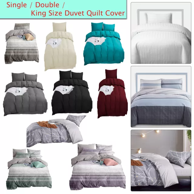 Luxury Duvet Quilt Cover with Pillow Case Bedding Set Plain Printed Satin Stripe