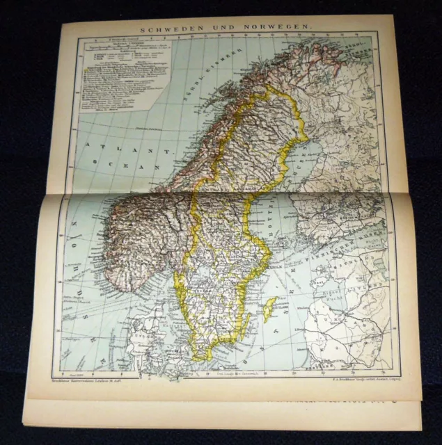 SCHWEDEN NORWEGEN Finnland Dänemark Kurland Landkarte Lithographie &Artikel 1895