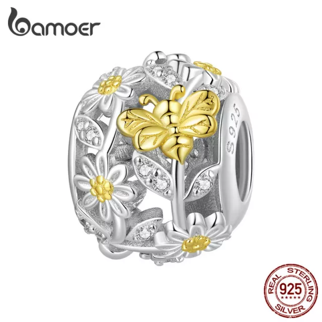 BAMOER 925 Sterling Silber Blume Gänseblümchen Biene Zirkon Bead Armband Charm