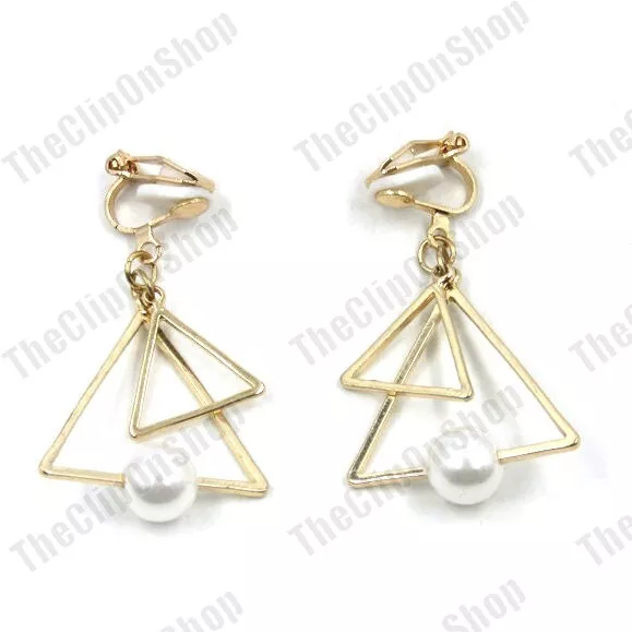 CLIP ON 1.5"long TRIANGLE EARRINGS gold fashion clips  GEOMETRIC pearl modern