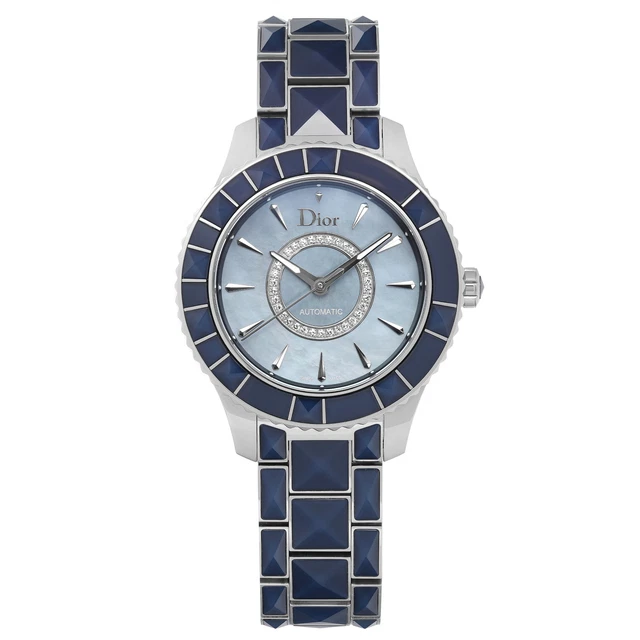 Christian Dior Christal Steel Blue MOP Diamond Dial Automatic Watch CD144517M001