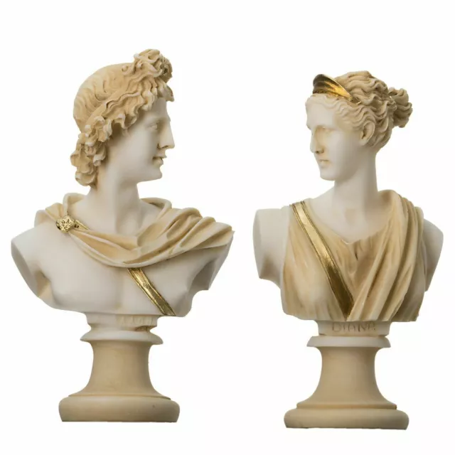 Artemide Diana e Apollo Busto Statue greche Figurine Dei Tono oro 5,9''