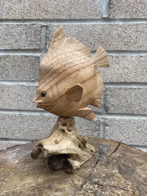 ChiselCraft Hand Carved Tropical Fish On Reclaimed Driftwood Wood Carving Art