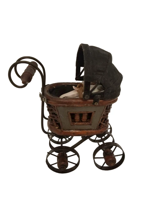 Vintage Baby Doll Stroller Wooden Iron Carriage Buggy With Baby decor Only Vintage Baby Doll Stroller Wooden Iron Carriage Buggy With Baby decor Only