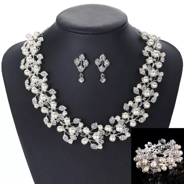 Wedding Necklace Earring Bracelet Jewellery Set Party Crystal White Pearl Bridal