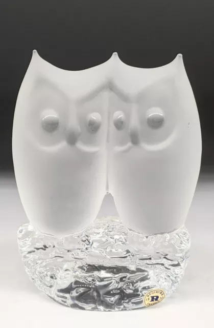 Swedish Glass Reijmyre Frosted Crystal Owls on Clear Figurine Paperweight Large