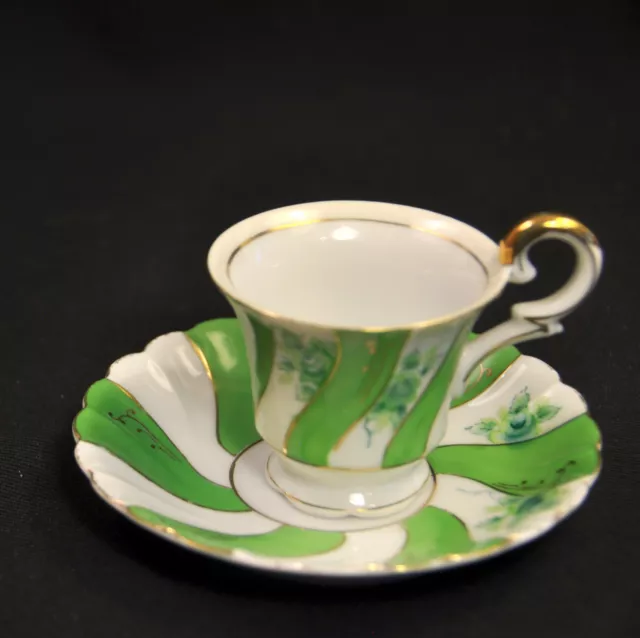 UCAGCO Demitasse Cup Saucer Occupied Japan 1945-1952 Fluted Green Swirls w/Gold