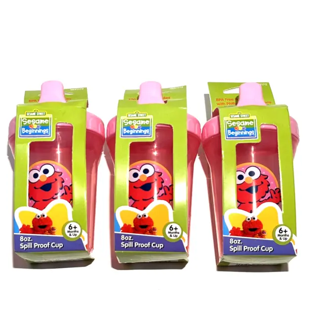 3x Lot Sesame Street Beginnings Elmo Pink Sippy Cups 8oz Spill Proof BPA FREE