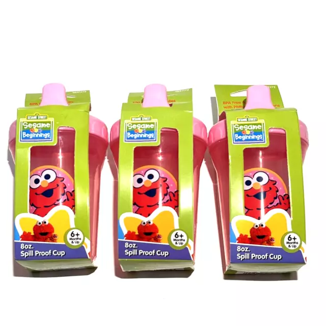 3x Lot Sesame Street Beginnings Elmo Pink Sippy Cups 8oz Spill Proof BPA FREE