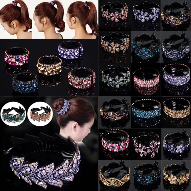 Women Rhinestone Ponytail Tail Hair Bun Holder Claw Clip Shiny Crystal Hairpin