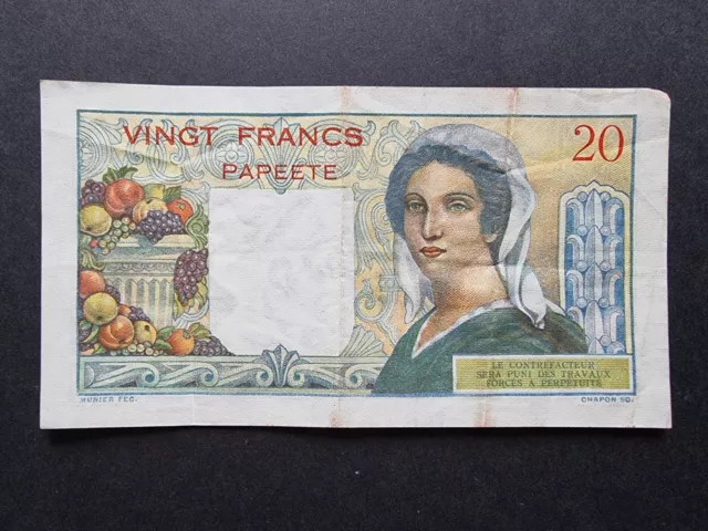 BANK OF INDOCHINA 20 FRANCS BANKNOTE 1951 -53 PAPEETE France Indochine