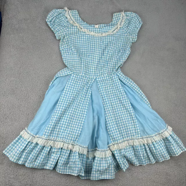 Vintage Square Dance Dress Womens 12 Blue Check Rockabilly Short Sleeve Handmade