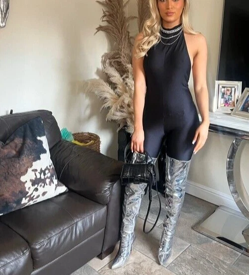Silver Shiny Patent PVC THIGH HIGH Boots * 7 uk * CLUBBING * POLEDANCE * BEDROOM