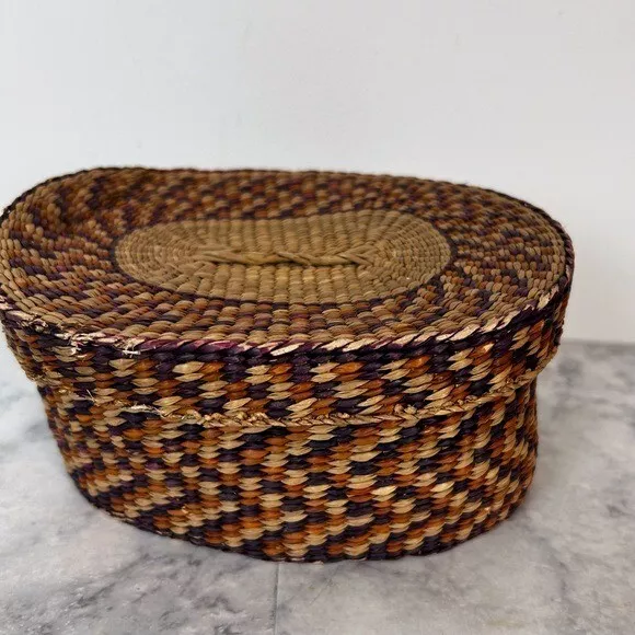 Vintage Hand Woven Sweet Grass Oval Basket with Lid 7.5" Wide Oval Purple Zigzag