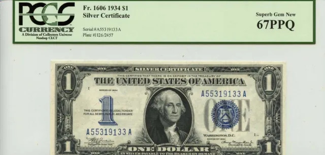 1934 $1 Silver Certificate Blue Seal FR# 1606 PCGS Superb 67 PPQ