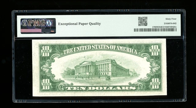 DBR 1934-D $10 Silver Wide Fr. 1705W PMG 64 EPQ Serial B39341371A 2