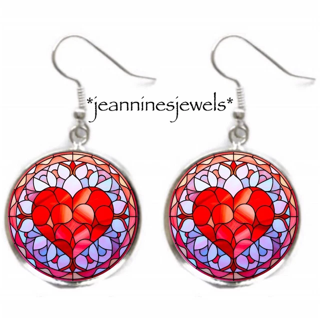 Purple Red HEART Day Gift Faux Stained Glass Silver Dangle Charm EARRINGS