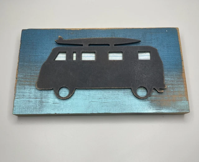 Junk Art Gypsyz Wood Plank Metal Wall Art Rustic Surf Van VW Bus Coastal Beach