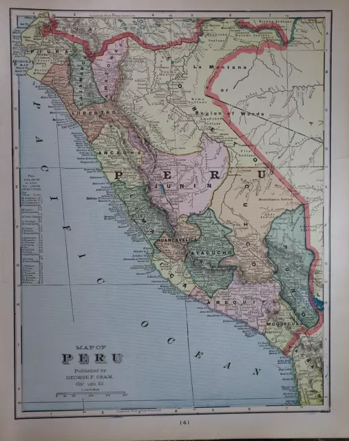 Old 1902 Cram's Atlas Map ~ PERU ~ (11x14)  ~Free S&H    #645