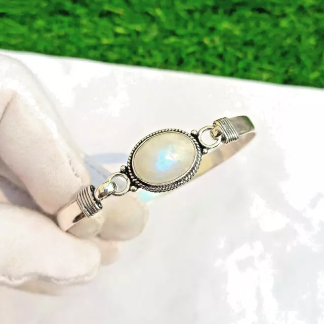 Rainbow Moonstone Gemstone 925 Sterling Silver Handmade Cuff Bracelet