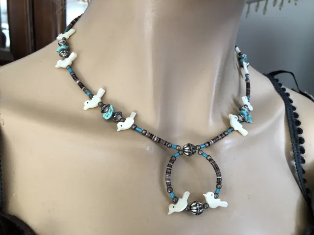 Vintage Heishi Bead Fetish Bird Necklace- Turquoise, Agate, & Mother Of Pearl