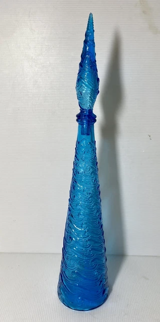 Italy Empoli Blue Wave Glass Genie Bottle Decanter 22”