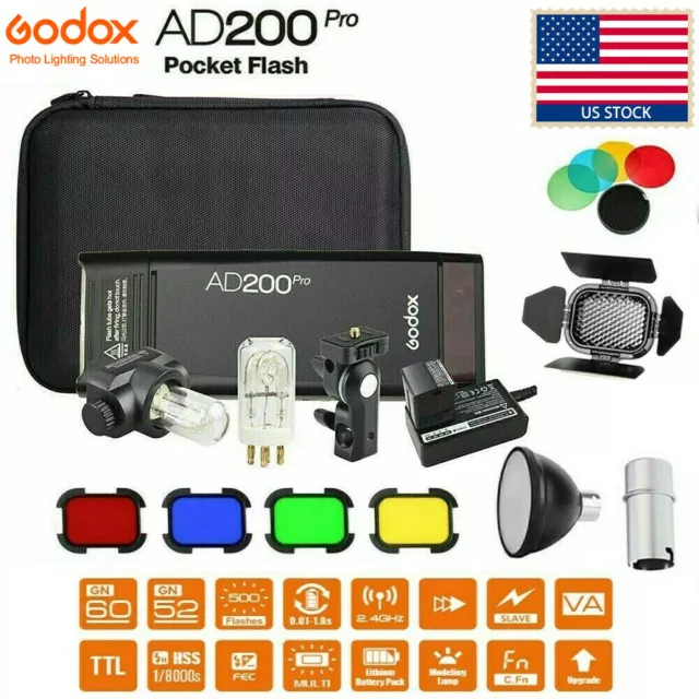 US Godox AD200Pro TTL 2.4G HSS Flash Speedlite+Reflector+Barn Door+Color Filter