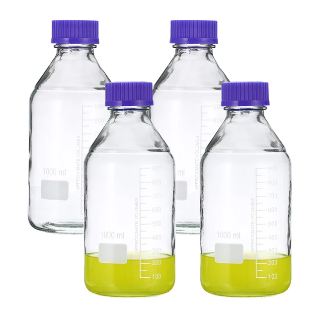 4 Pack Media Storage Bottles, 1000ml Borosilicate Glass Graduated Bottles Clear