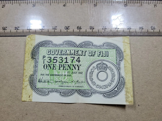 🇫🇯 Fiji 1 penny 1942 WWII  P-47a  P-47  banknote 092223-10