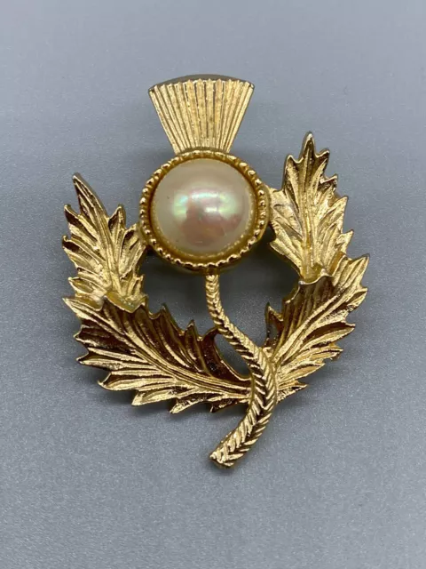 Vintage Designer Gold Tone Pearl Flower Thistle Adorable Brooch