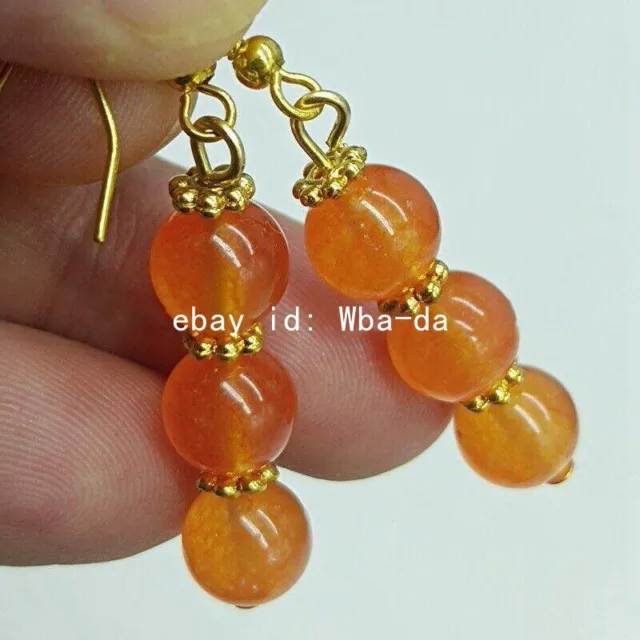 Exquisite 10mm Orange Jade Round Gemstone Bead Earrings Handmade
