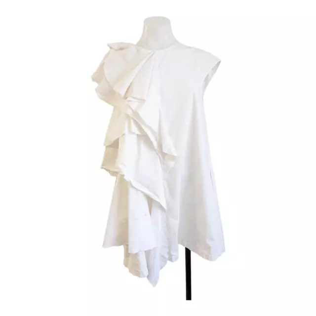 MSGM Milano Size 42 US 6 Ruffle Shift Mini Dress White Cotton Crew Neck Cap Slee