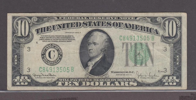 US  Federal Reserve Note $10.00 Banknote 1934 D Lime Green Seal VF