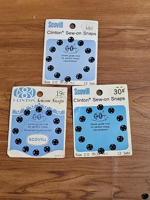 3 broches de costura Scovill Clinton, talla 2/0 (9/32 pulgadas), 12 juegos cada uno, No. 80 latón