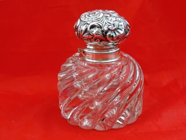 George Shiebler Repousse Sterling Silver  Baccarat Crystal Inkwell Inkstand  19C