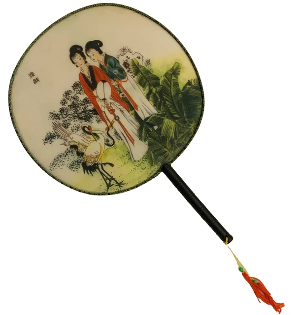 JAPANESE Silk Round Fan Two Women with Two Cranes Black Plastic Textured Handle