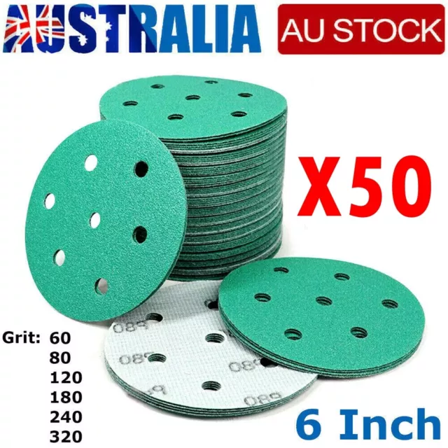 25/50PC 6" 150mm Hook & Loop Sanding Discs 6+1 Hole Wet Dry Film Green Sandpaper