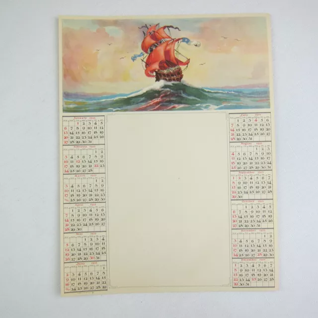 Vintage 1935 Advertising Calendar Salesman Sample Lithograph Print Sailing Ship