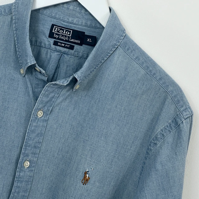 Polo da uomo Ralph Lauren stile denim blu vestibilità slim maniche lunghe taglia XL