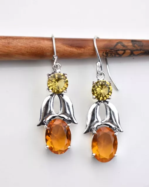 Hessonite Garnet & Citrine 925 Sterling Silver Gemstone Jewelry Earring S-1.50"