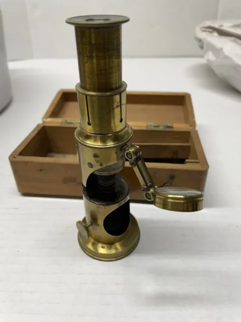 Antique Brass Microscope w/ Wooden Box