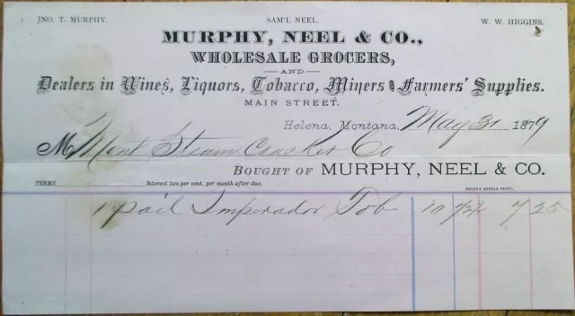 Helena, MT 1879 Letterhead: Tobacco/Cigars/Wine/Liquors & Mining Supply- Montana